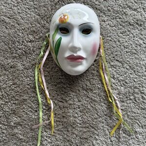 Vandor Wht Ceramic Handpainted Daffodil Flower Face Art  Nouveau Deco Mask 1984